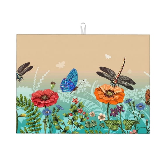 Easygdp Colorful Plants And Insects Microfiber Absorbent Dish Drying Pad,Kitchen Drying Mat,Can Be Hung, Strong Water Absorption Capacity,Quick Drying