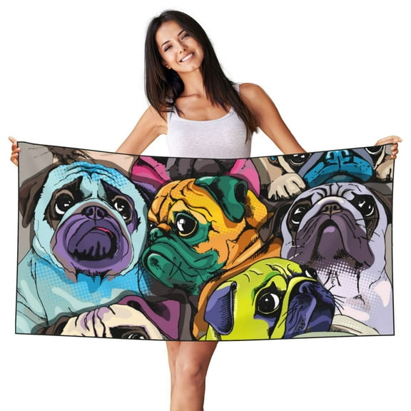 Easygdp Colorful Pug Beach Towel 27.5X55 Inches Quick Dry Pool Towel Travel Compact Bath Towel Sandproof Beach Blanket Towel for Swimming