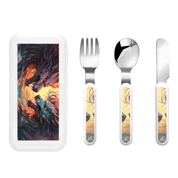 Easygdp Colorful Wave Dragon Head 3-Piece Flatware Set Kids Silverware, Stainless Steel Toddler Kids Utensils Safe for Preschooler Children