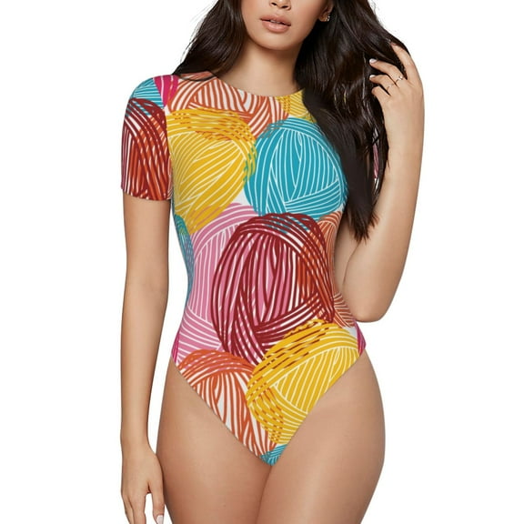 Easygdp Colorful Wool Balls Women's One-Piece Swimsuit Slim Fit Crew Neck Bodysuit Athletic Swimwear with Concealed Buckle - Large