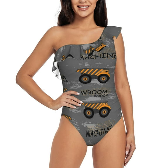 Easygdp Construction Machines Women's One Shoulder Ruffle Monokini Bathing Suits with Removable Chest Pad, Quick Drying - XX-Large