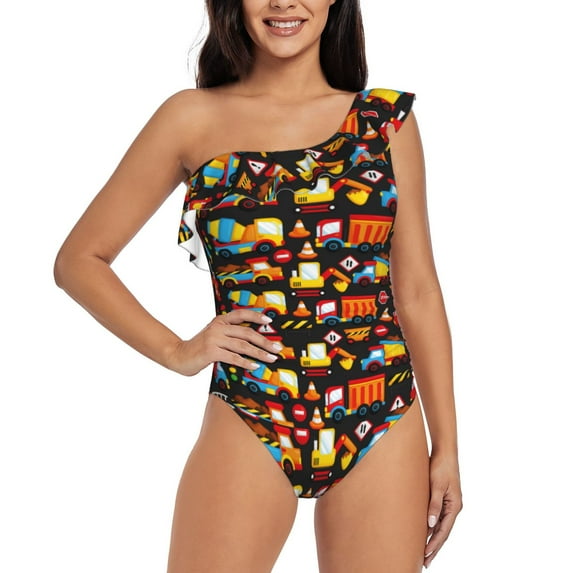 Easygdp Construction Truck Women's One Shoulder Ruffle Monokini Bathing Suits with Removable Chest Pad, Quick Drying - Small