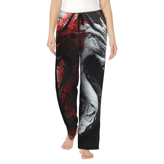 Easygdp Cool Black And White Dragon Women's Drawstring Pajama Pants | Lounge Joggers Sweatpants | Comfy Sleepwear | Yoga Pants-X-Large