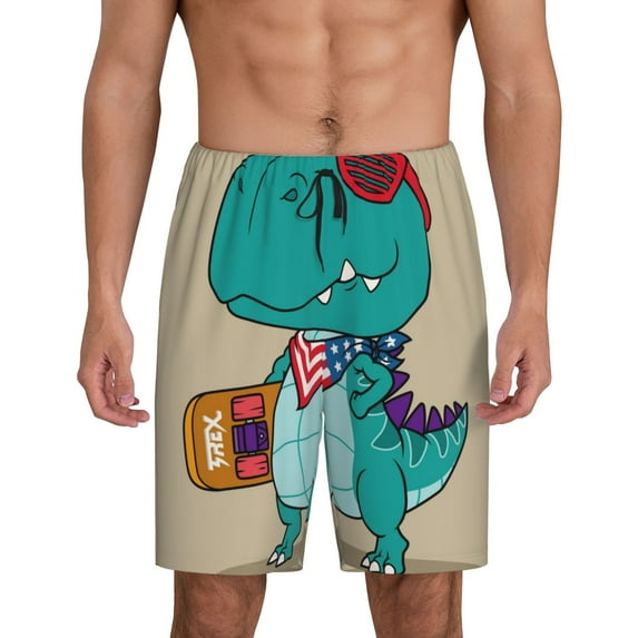 Easygdp Cool Dino Playing Skateboard Men's Short Pajama Pants, Sleep Shorts, Household Pants, Casual Pants with Pockets - Medium