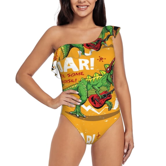 Easygdp Cool Dinosaur Playing Guitar Women's One Shoulder Ruffle Monokini Bathing Suits with Removable Chest Pad, Quick Drying - Medium