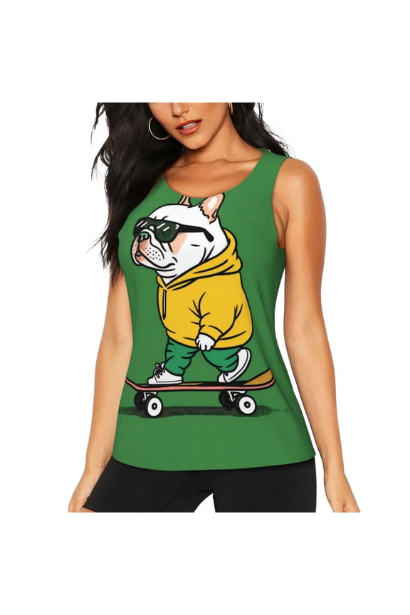 Cool Skateboarding Bulldog Design Women's Workout Tank Top, Running Top, Hiking Shirt, Quick-Dry for Running, Yoga, Hiking-Large