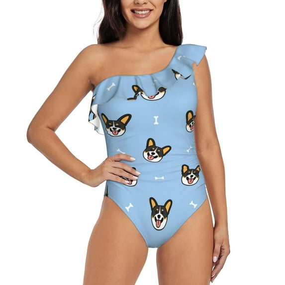 Easygdp Corgi Dog Women's One Shoulder Ruffle Monokini Bathing Suits with Removable Chest Pad, Quick Drying - X-Large