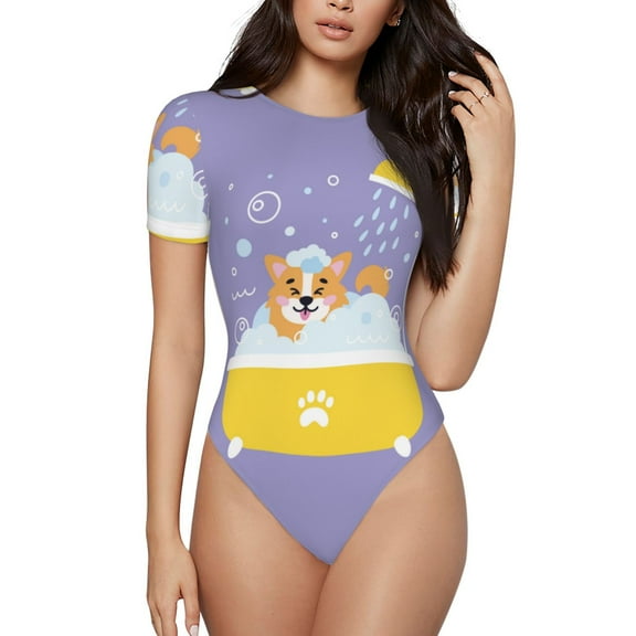 Easygdp Corgi Washing in Bathtub Women's One-Piece Swimsuit Slim Fit Crew Neck Bodysuit Athletic Swimwear with Concealed Buckle - X-Large
