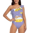 thumbnail image 1 of Easygdp Corgi Washing in Bathtub Women's One Shoulder Ruffle Monokini Bathing Suits with Removable Chest Pad, Quick Drying - Small, 1 of 8
