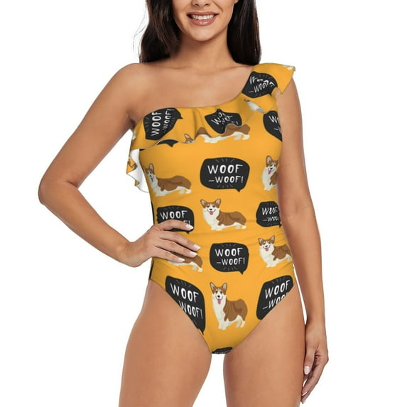 Easygdp Corgi Women's One Shoulder Ruffle Monokini Bathing Suits with Removable Chest Pad, Quick Drying - X-Large