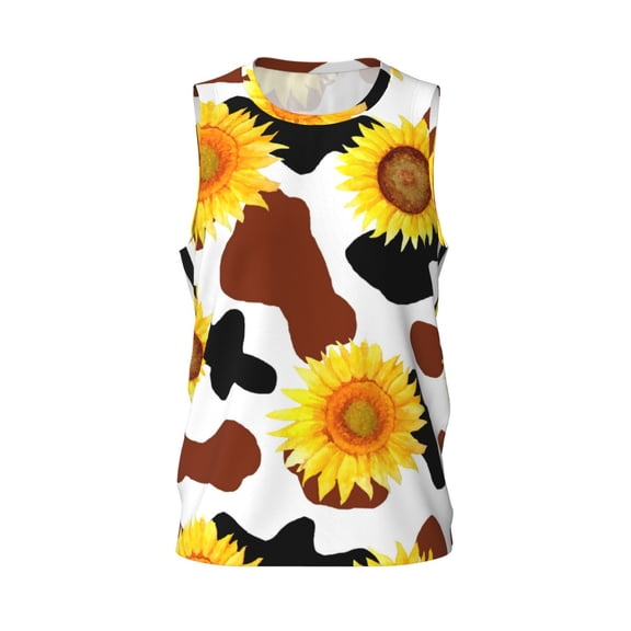 Easygdp Cow Print Sunflower Men's Mesh Basketball Jersey Quick Drying Sleeveless Shirts Fitted Muscle Tank Tops Sport Round Neck T-Shirt - Medium