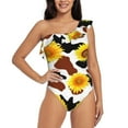 thumbnail image 1 of Easygdp Cow Print Sunflower Women's One Shoulder Ruffle Monokini Bathing Suits with Removable Chest Pad, Quick Drying - Large, 1 of 8