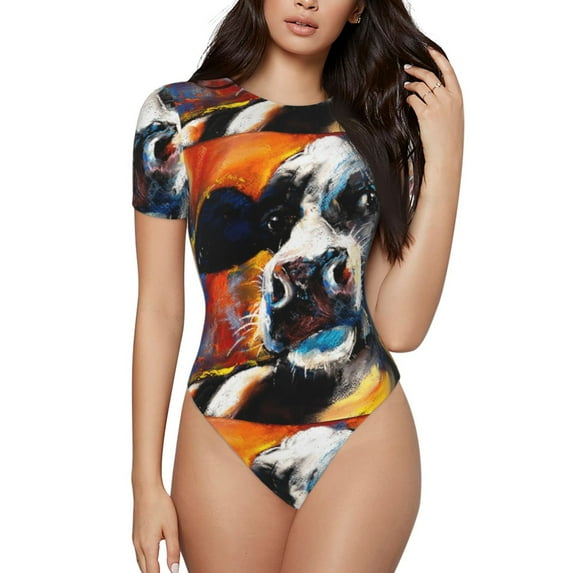 Easygdp Cow Women's One-Piece Swimsuit Slim Fit Crew Neck Bodysuit Athletic Swimwear with Concealed Buckle - X-Large