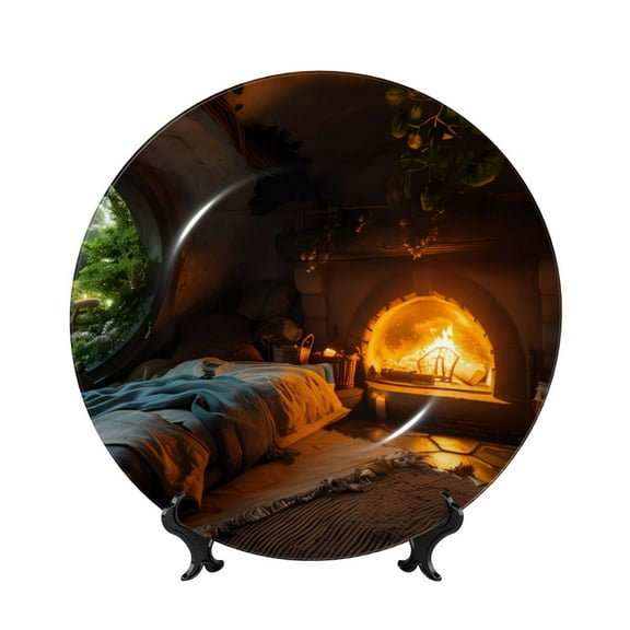 Easygdp Cozy Tree Hole Cabin Bone China Decorative Plate Ceramic Dinner Plates Art Crafts with Display Stand-6in