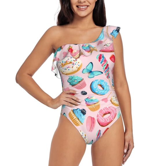 Easygdp Cupcakes and Donuts Women's One Shoulder Ruffle Monokini Bathing Suits with Removable Chest Pad, Quick Drying - Large
