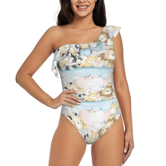 Easygdp Cute Animals Women's One Shoulder Ruffle Monokini Bathing Suits with Removable Chest Pad, Quick Drying - Large