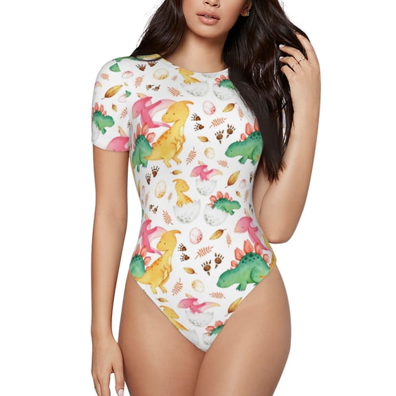 Easygdp Cute Baby Dinosaurs Women's One-Piece Swimsuit Slim Fit Crew Neck Bodysuit Athletic Swimwear with Concealed Buckle - X-Large