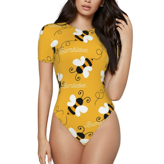 Easygdp Cute Bee Butterfly Yelllow Women's One-Piece Swimsuit Slim Fit Crew Neck Bodysuit Athletic Swimwear with Concealed Buckle - X-Large