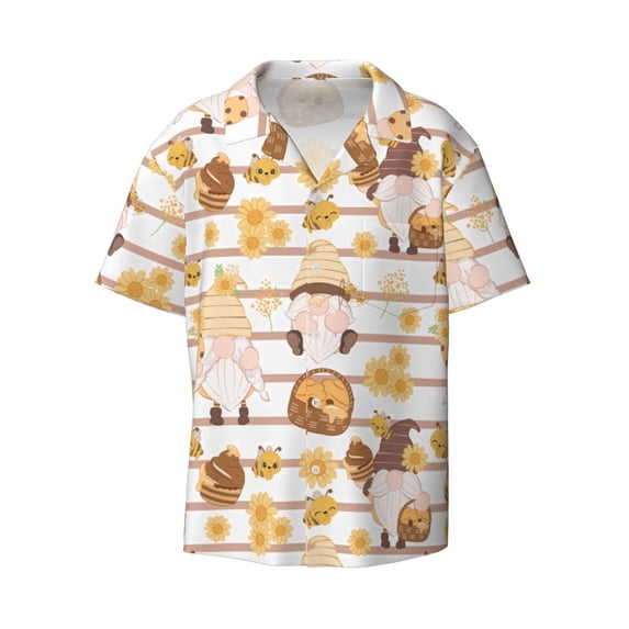 Easygdp Cute Bee Gnome Men's Casual Short-sleeved Shirt with Pocket and Button Suitable for Beach Vacation Leisure - Medium