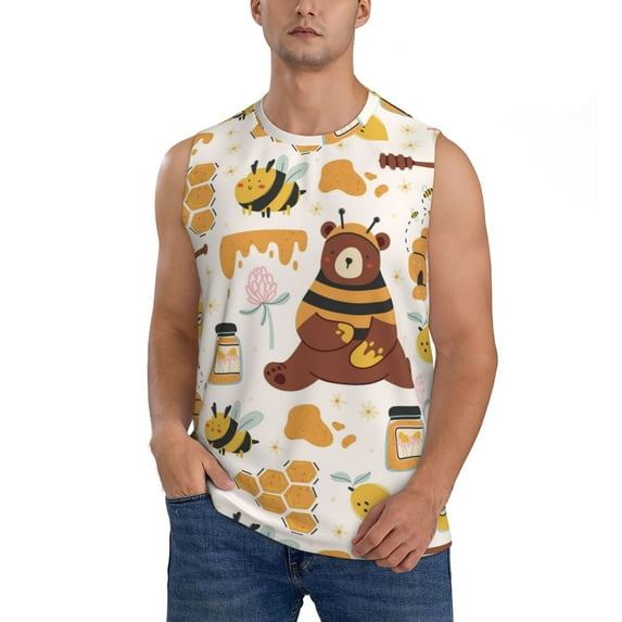 Easygdp Cute Bee Honey Jar Hive Bear Men's Breathable Tank Tops Sleeveless Sporty T Shirts for Basketball, Mountaineering, Bodybuilding -Large