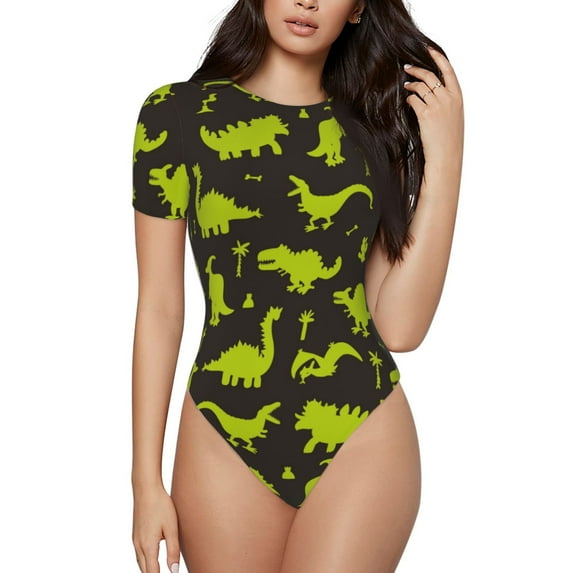 Easygdp Cute Cartoon Dinosaurs Women's One-Piece Swimsuit Slim Fit Crew Neck Bodysuit Athletic Swimwear with Concealed Buckle - X-Large