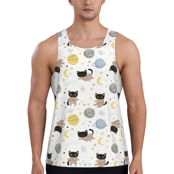 Easygdp Cute Cat Men's Tank Top, Sleeveless Muscle T Shirts, Breathable, Quick-Dry, Loose for Gym, Running, Fitness - Medium