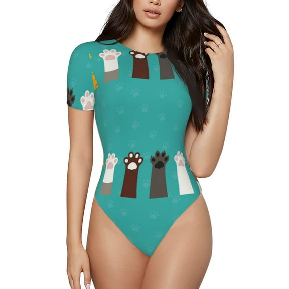 Easygdp Cute Cat Paw And Dog Women's One-Piece Swimsuit Slim Fit Crew Neck Bodysuit Athletic Swimwear with Concealed Buckle - Medium