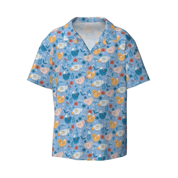 Easygdp Cute Chickens and Flowers Men's Casual Short-sleeved Shirt with Pocket and Button Suitable for Beach Vacation Leisure - Small