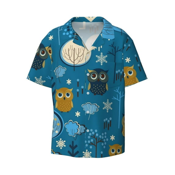 Easygdp Cute Colorful Owls And Trees Men's Casual Short-sleeved Shirt with Pocket and Button Suitable for Beach Vacation Leisure - 4X-Large