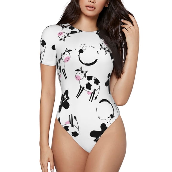Easygdp Cute Cow and Milk Stains Women's One-Piece Swimsuit Slim Fit Crew Neck Bodysuit Athletic Swimwear with Concealed Buckle - Medium
