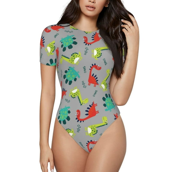 Easygdp Cute Dinosaur Women's One-Piece Swimsuit Slim Fit Crew Neck Bodysuit Athletic Swimwear with Concealed Buckle - XX-Large
