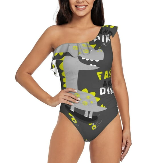 Easygdp Cute Dinosaur Women's One Shoulder Ruffle Monokini Bathing Suits with Removable Chest Pad, Quick Drying - Large