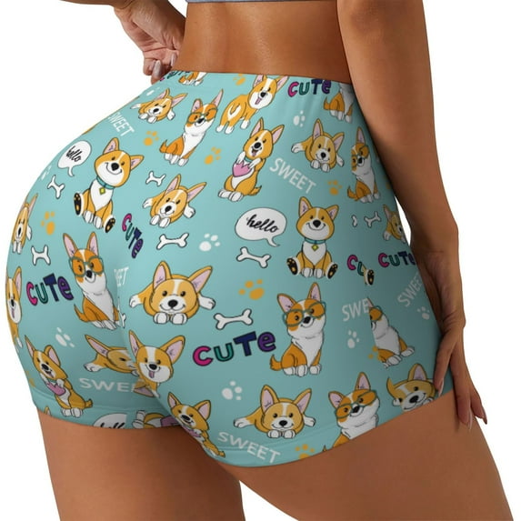 Easygdp Cute Dogs Corgi Yoga Shorts with Pockets for Women,Women's Biker Shorts Workout Gym Running Volleyball,Tummy Control-Small