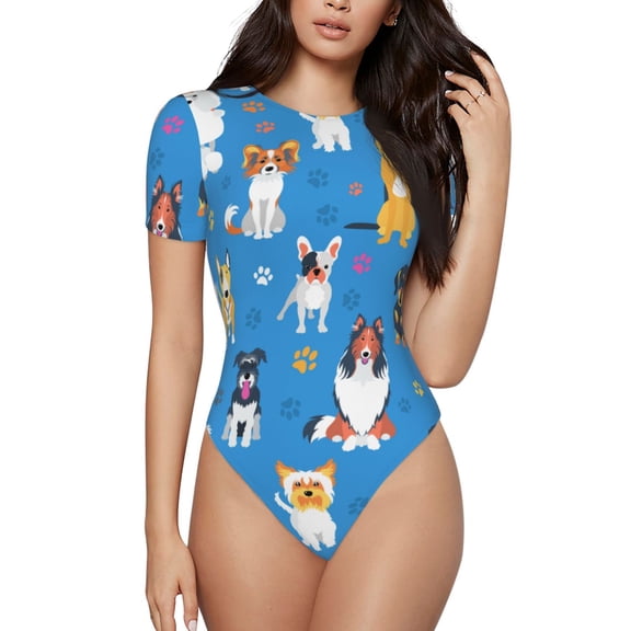 Easygdp Cute Dogs Women's One-Piece Swimsuit Slim Fit Crew Neck Bodysuit Athletic Swimwear with Concealed Buckle - X-Large