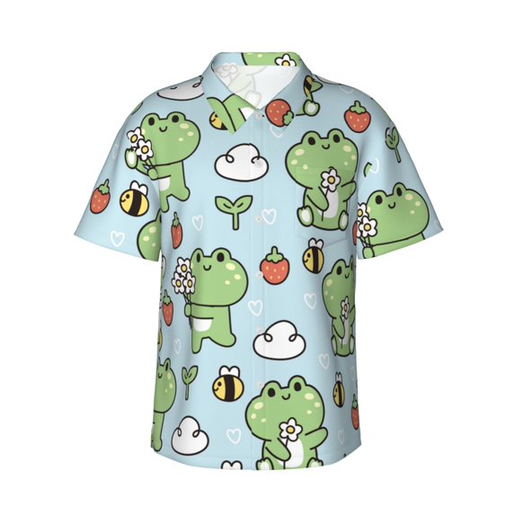 Easygdp Cute Floral Frog Men's Hawaiian Shirts Print Lapel Short Sleeve for Beach, vacation, party, casual occasions - X-Large