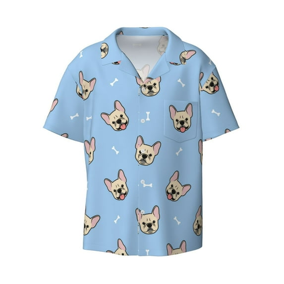 Easygdp Cute French Bulldog Men's Casual Short-sleeved Shirt with Pocket and Button Suitable for Beach Vacation Leisure - Small