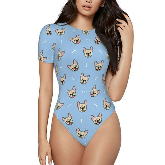 Easygdp Cute French Bulldog Women's One-Piece Swimsuit Slim Fit Crew Neck Bodysuit Athletic Swimwear with Concealed Buckle - Small