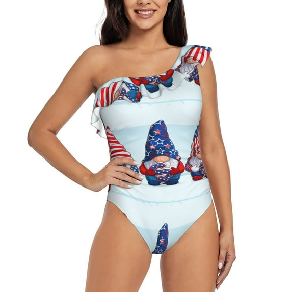 Easygdp Cute Gnomes in USA1 Women's One Shoulder Ruffle Monokini Bathing Suits with Removable Chest Pad, Quick Drying - X-Large