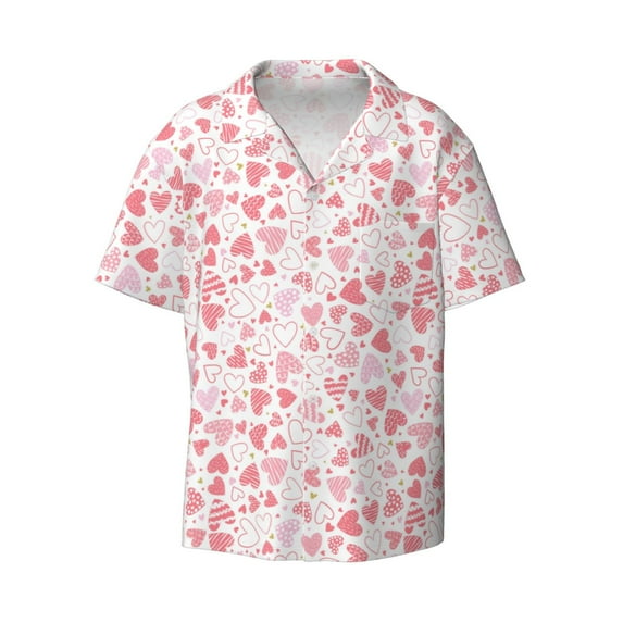 Easygdp Cute Hand Drawn Hearts Men's Casual Short-sleeved Shirt with Pocket and Button Suitable for Beach Vacation Leisure - Medium
