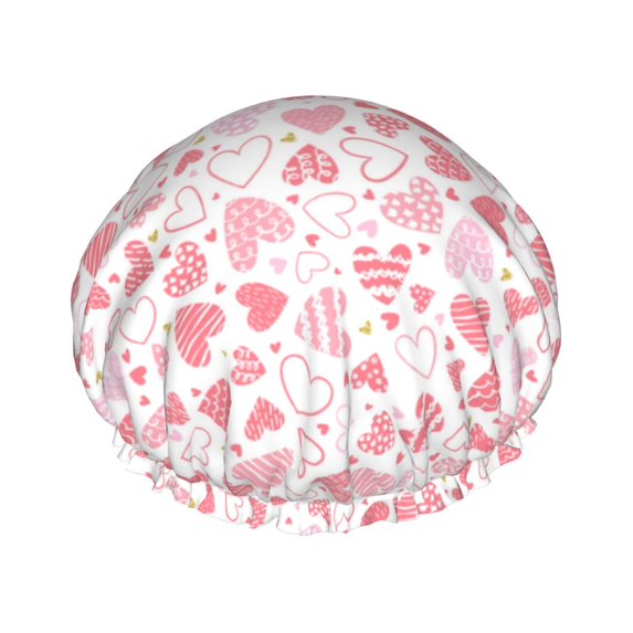 Easygdp Cute Hand Drawn Hearts Shower Caps for Women, Double Waterproof Layers Shower Cap, Quick Drying Bath Hair Cap Reusable