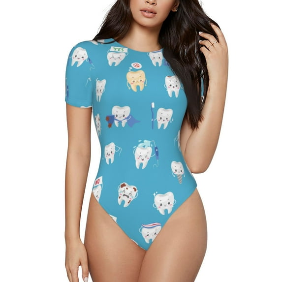 Easygdp Cute Healthy Teeth Women'S Waist-Cinching Short-Sleeved Onesie, Olastic Onesiet,Snaps At Bottom,Easy To Put On And Take Off - Medium