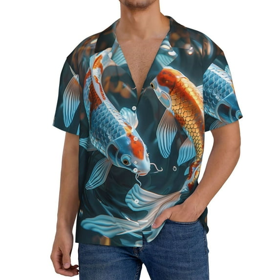 Easygdp Cute Koi Fish Serenity Mens Short Sleeve Button Down,Cuban Shirts for Men,Men's Casual Short-Sleeved Shirt-X-Large