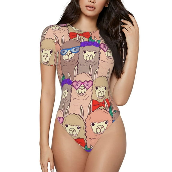 Easygdp Cute Lamas Women's One-Piece Swimsuit Slim Fit Crew Neck Bodysuit Athletic Swimwear with Concealed Buckle - X-Large