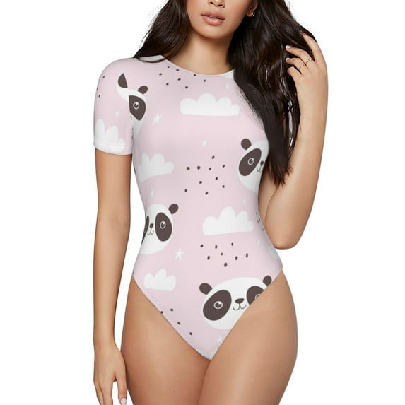 Easygdp Cute Panda Women'S Waist-Cinching Short-Sleeved Onesie, Olastic Onesiet,Snaps At Bottom,Easy To Put On And Take Off - Medium