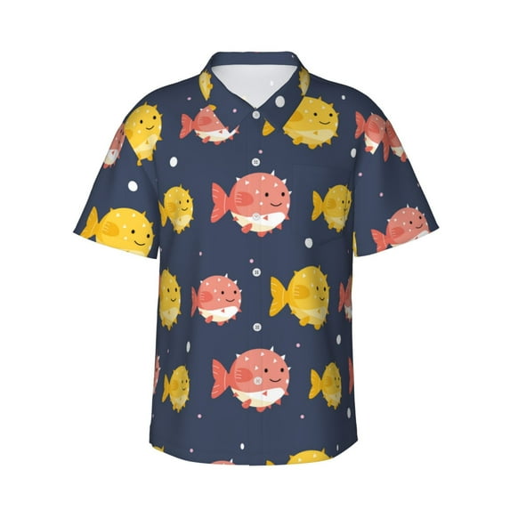 Easygdp Cute Puffer Fish Men's Hawaiian Shirts Print Lapel Short Sleeve for Beach, vacation, party, casual occasions - 3X-Large