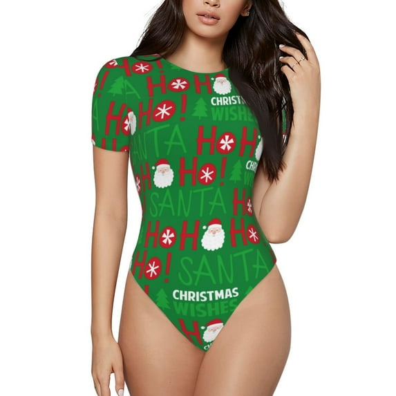 Easygdp Cute Santa Women's One-Piece Swimsuit Slim Fit Crew Neck Bodysuit Athletic Swimwear with Concealed Buckle - Medium