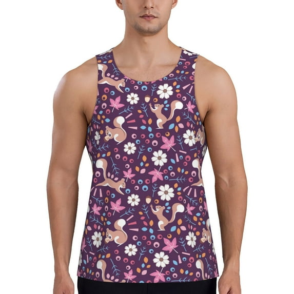 Easygdp Cute Squirrel Floral Men's Tank Top, Sleeveless Muscle T Shirts, Breathable, Quick-Dry, Loose for Gym, Running, Fitness - XX-Large