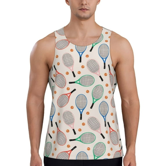 Easygdp Cute Tennis Racket Men's Tank Top, Sleeveless Muscle T Shirts, Breathable, Quick-Dry, Loose for Gym, Running, Fitness - X-Large