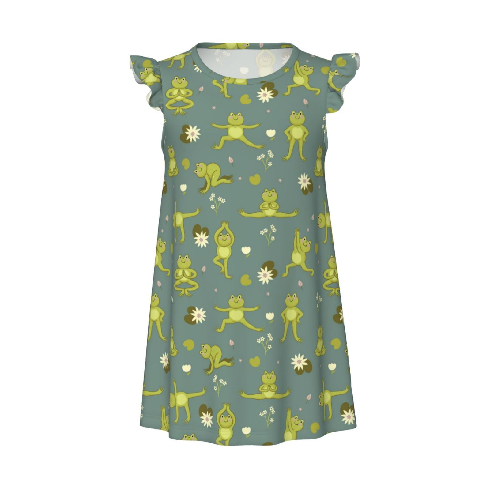 Easygdp Cute Yoga Frogs Girls Pajamas Dress, Princess Nightgown for Girls, Adorable Ruffle