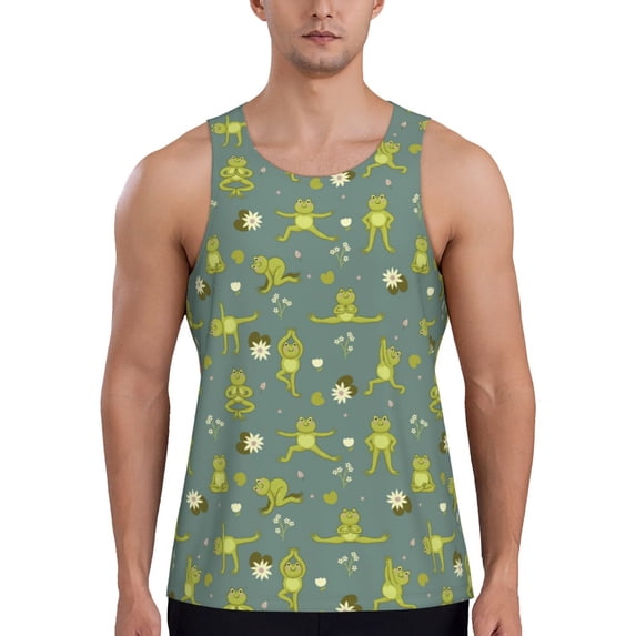 Easygdp Cute Yoga Frogs Men's Tank Top, Sleeveless Muscle T Shirts, Breathable, Quick-Dry, Loose for Gym, Running, Fitness - Medium